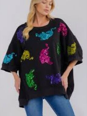 Black Oversized Sequin Elephant Top - Multicolor